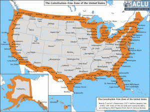About two-thirds of the US population live within the 100-mile "Constitution-Free Zone" of the United States